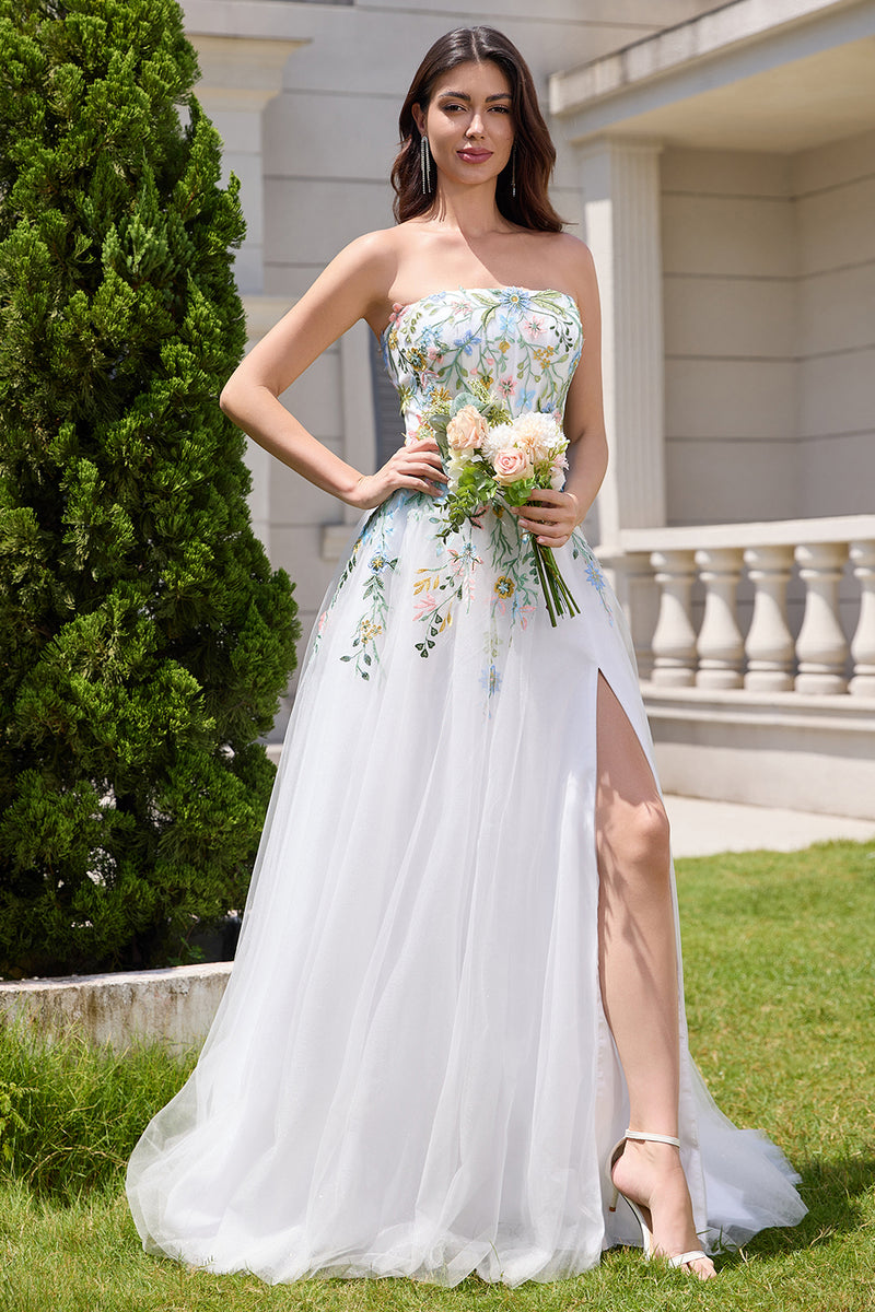Load image into Gallery viewer, White A Line Strapless 3D Flowers Tulle Wedding Dress with Slit