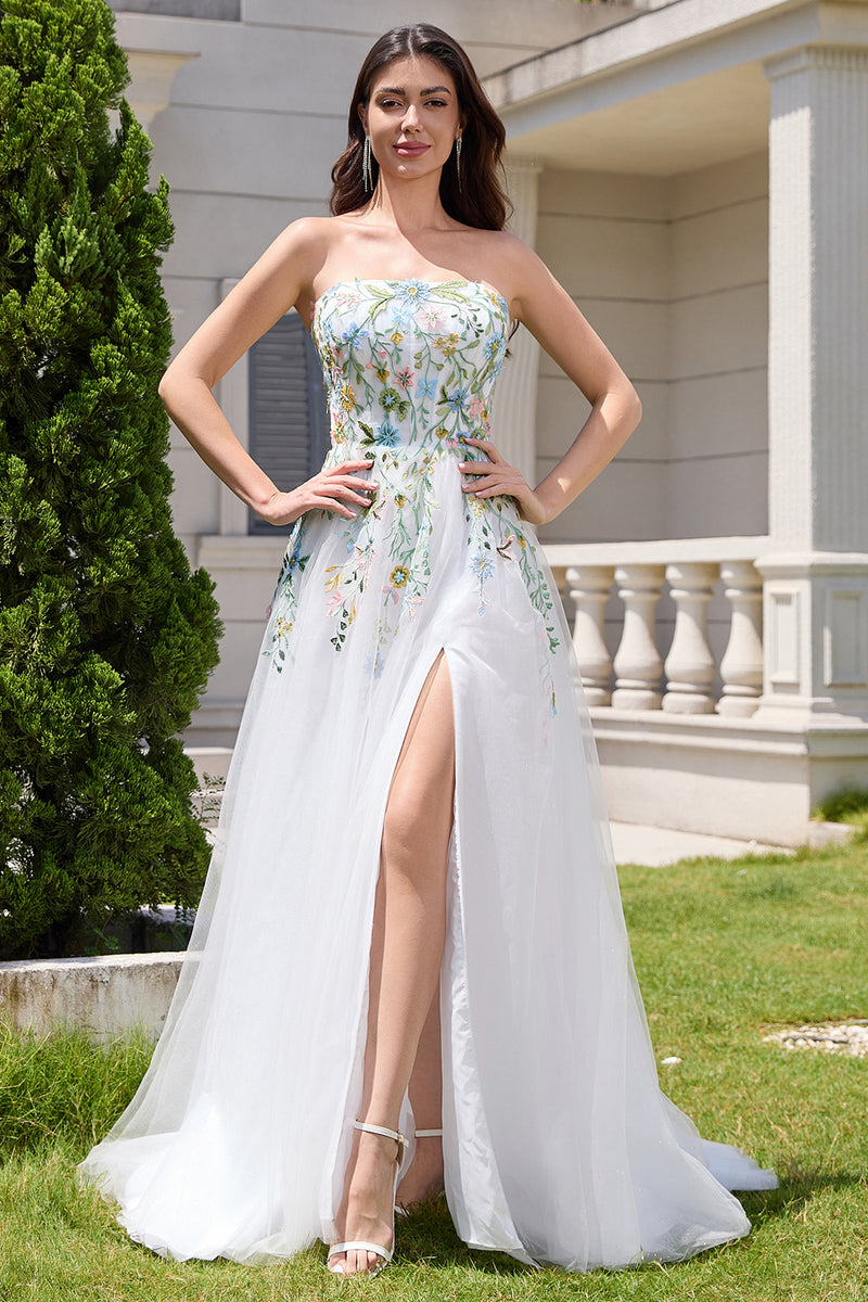 Load image into Gallery viewer, White A Line Strapless 3D Flowers Tulle Wedding Dress with Slit