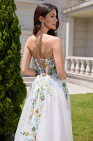 Load image into Gallery viewer, White A Line Strapless 3D Flowers Tulle Wedding Dress with Slit