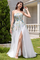 Load image into Gallery viewer, White A Line Strapless 3D Flowers Tulle Wedding Dress with Slit