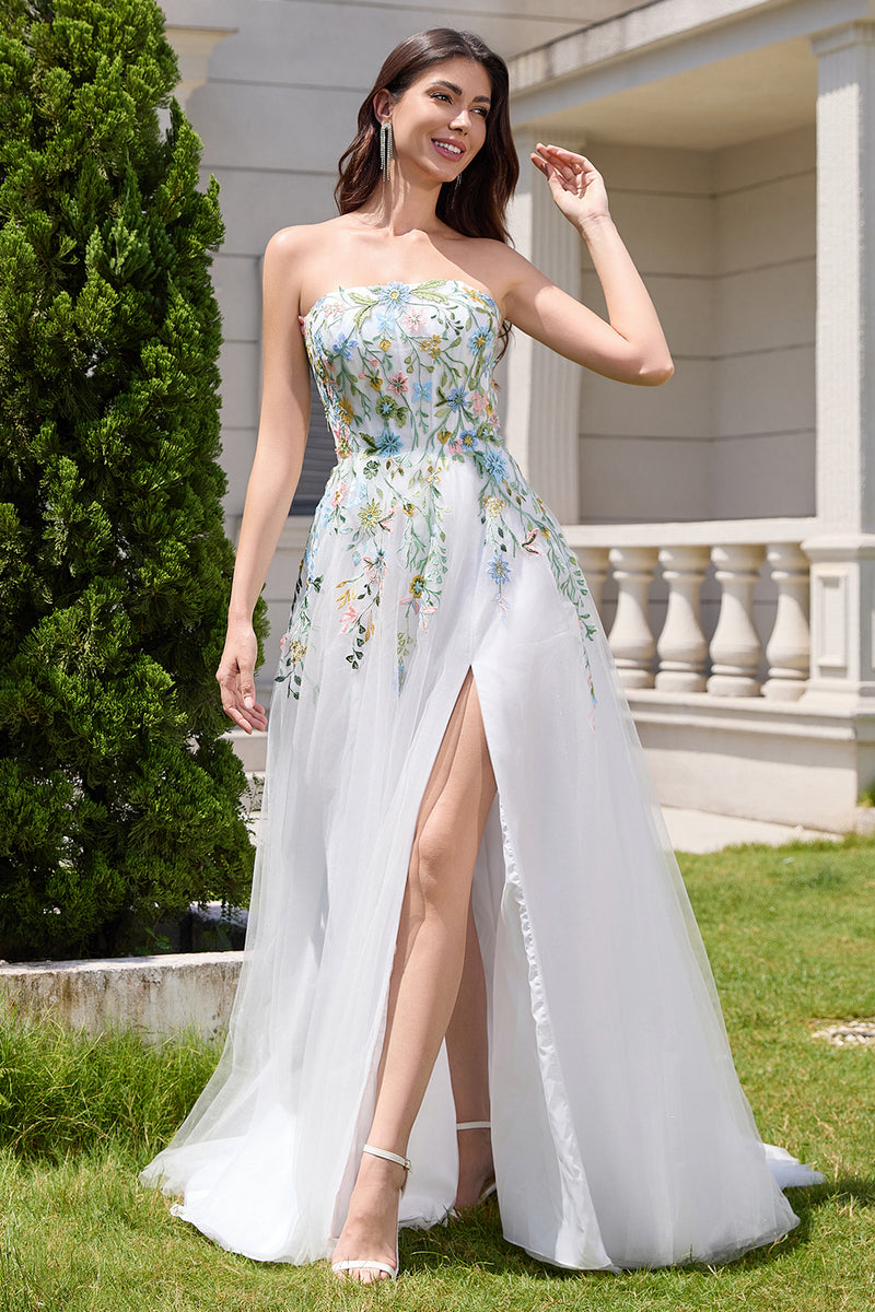 Load image into Gallery viewer, White A Line Strapless 3D Flowers Tulle Wedding Dress with Slit