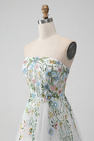 Load image into Gallery viewer, White A Line Strapless 3D Flowers Tulle Wedding Dress with Slit