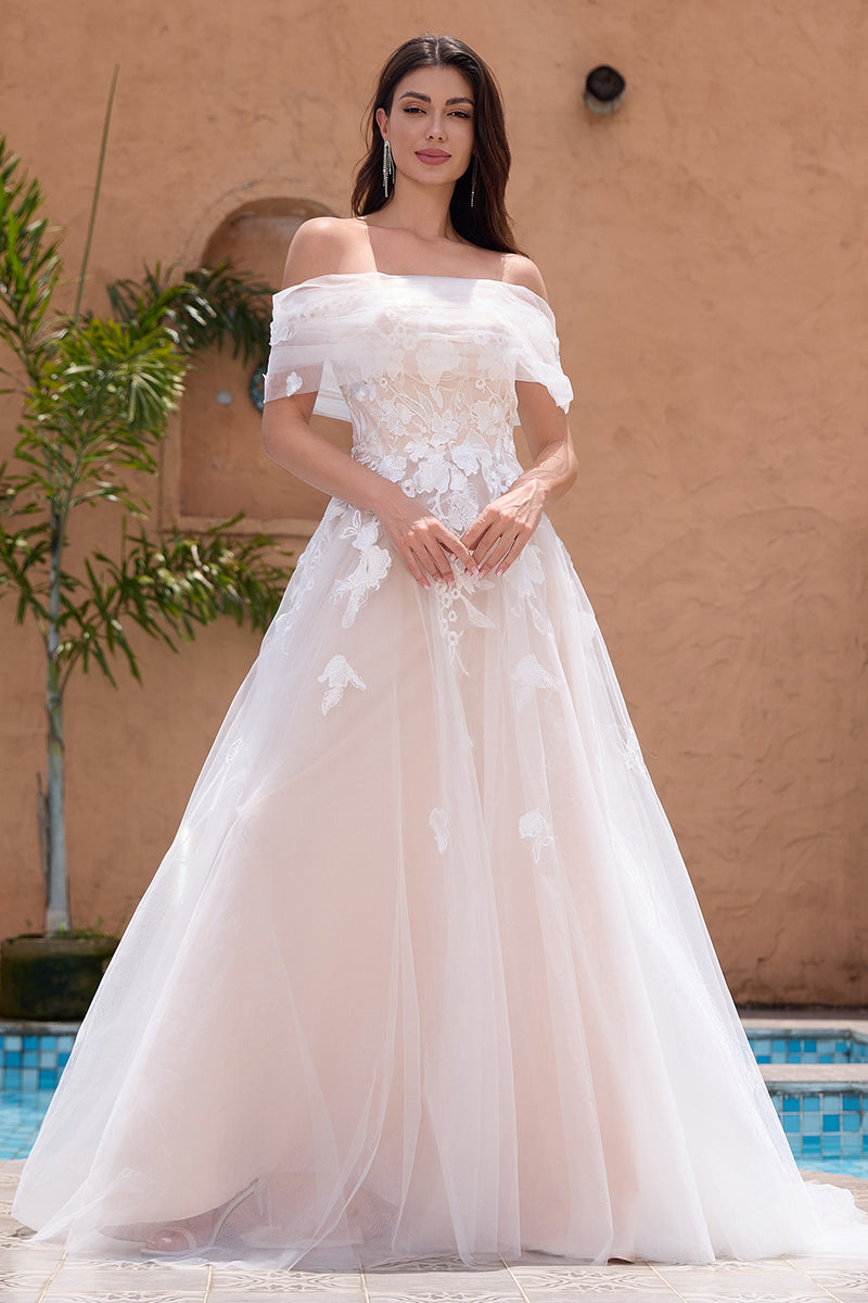 Load image into Gallery viewer, White A Line Off the Shoulder Tulle Wedding Dress