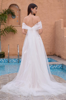 White A Line Off the Shoulder Tulle Wedding Dress