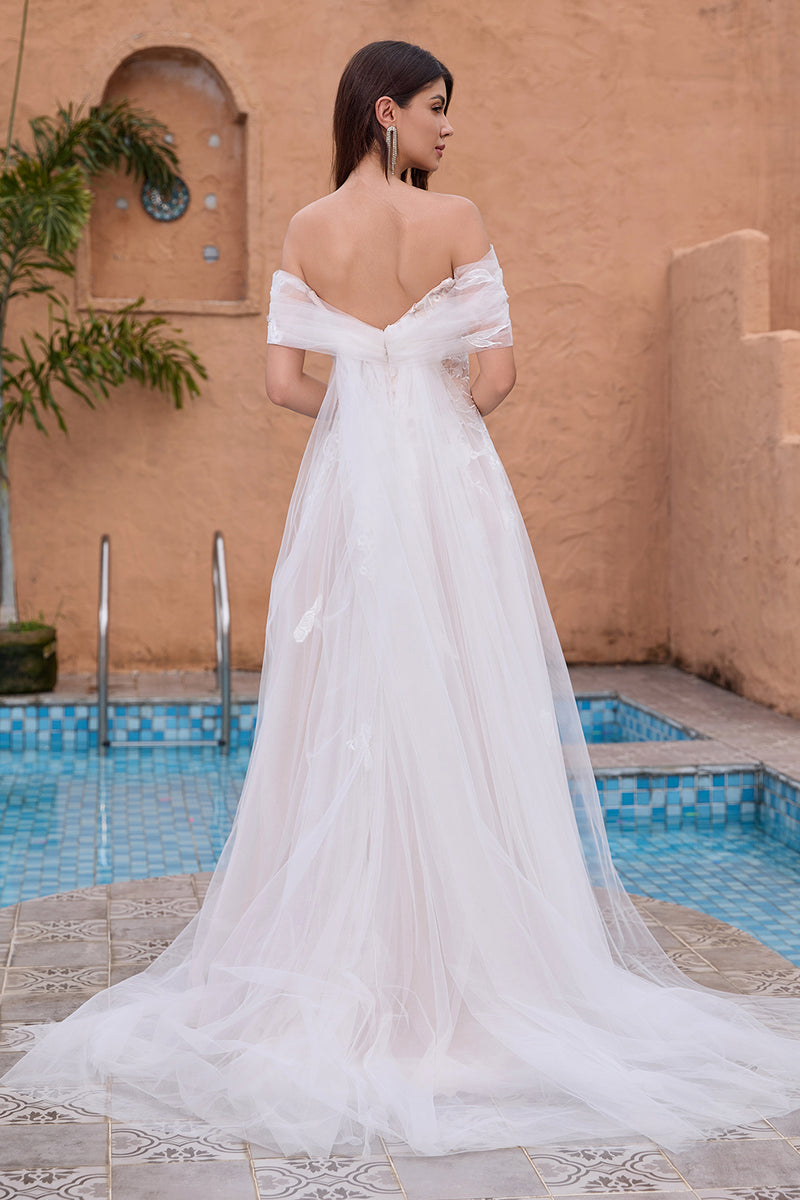 Load image into Gallery viewer, White A Line Off the Shoulder Tulle Wedding Dress