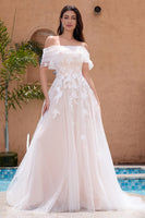 Load image into Gallery viewer, White A Line Off the Shoulder Tulle Wedding Dress