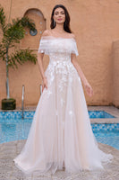 Load image into Gallery viewer, White A Line Off the Shoulder Tulle Wedding Dress
