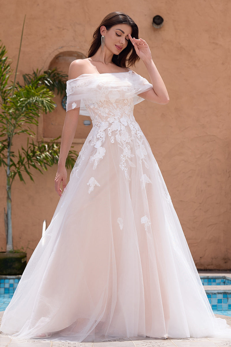 Load image into Gallery viewer, White A Line Off the Shoulder Tulle Wedding Dress