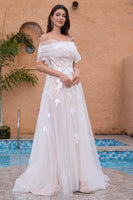 Load image into Gallery viewer, White A Line Off the Shoulder Tulle Wedding Dress