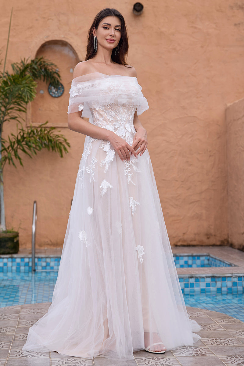 Load image into Gallery viewer, White A Line Off the Shoulder Tulle Wedding Dress