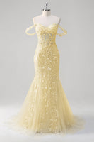 Load image into Gallery viewer, Off the Shoulder Blue Mermaid Sequin Floral Corset Prom Dress