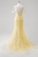 Load image into Gallery viewer, Off the Shoulder Blue Mermaid Sequin Floral Corset Prom Dress