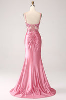 Load image into Gallery viewer, Pink Mermaid Spaghetti Straps Sequin Corset Prom Dress with Slit