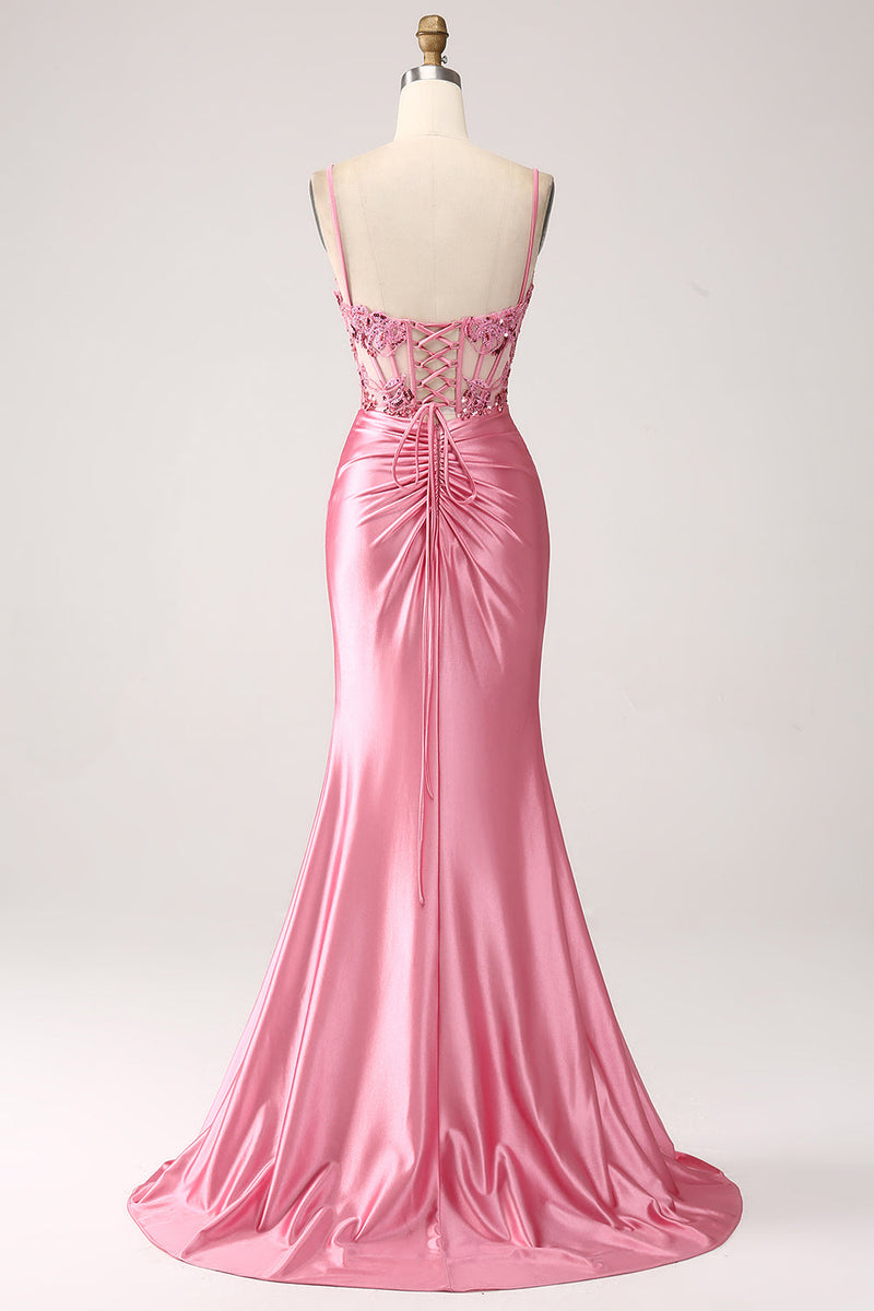Load image into Gallery viewer, Pink Mermaid Spaghetti Straps Sequin Corset Prom Dress with Slit