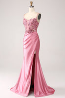 Load image into Gallery viewer, Pink Mermaid Spaghetti Straps Sequin Corset Prom Dress with Slit