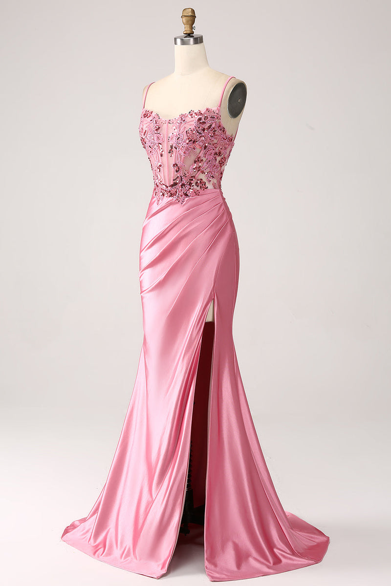 Load image into Gallery viewer, Pink Mermaid Spaghetti Straps Sequin Corset Prom Dress with Slit