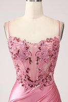 Load image into Gallery viewer, Pink Mermaid Spaghetti Straps Sequin Corset Prom Dress with Slit