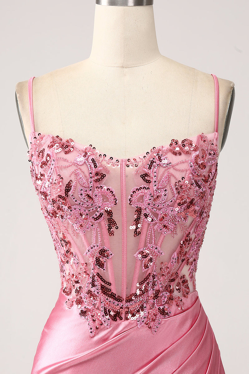 Load image into Gallery viewer, Pink Mermaid Spaghetti Straps Sequin Corset Prom Dress with Slit