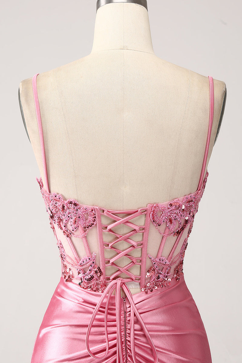 Load image into Gallery viewer, Pink Mermaid Spaghetti Straps Sequin Corset Prom Dress with Slit