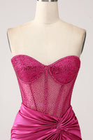 Load image into Gallery viewer, Fuchsia Mermaid Sweetheart Pleated Long Corset Satin Prom Dress With Slit