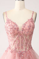 Load image into Gallery viewer, Blush A-Line Spaghetti Straps Tiered Tulle Corset Long Prom Dress