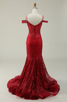 Load image into Gallery viewer, Off the Shoulder Burgundy Mermaid Corset Prom Dress with Sequins