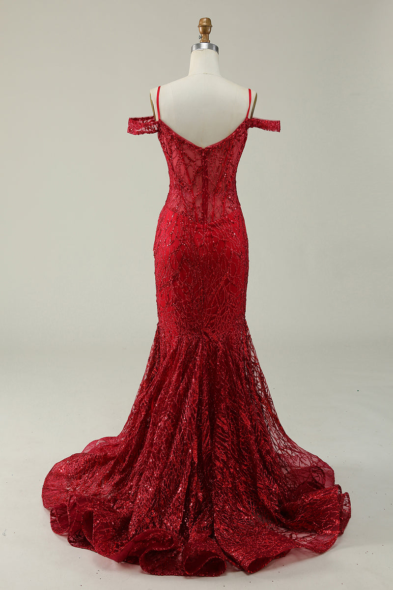 Load image into Gallery viewer, Off the Shoulder Burgundy Mermaid Corset Prom Dress with Sequins