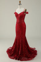 Load image into Gallery viewer, Off the Shoulder Burgundy Mermaid Corset Prom Dress with Sequins