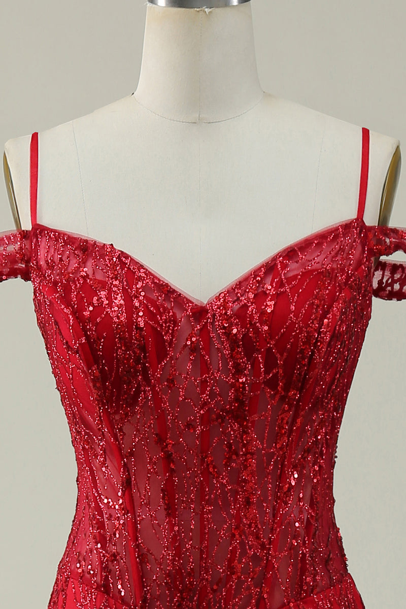 Load image into Gallery viewer, Off the Shoulder Burgundy Mermaid Corset Prom Dress with Sequins