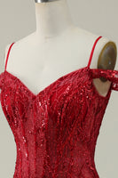 Load image into Gallery viewer, Off the Shoulder Burgundy Mermaid Corset Prom Dress with Sequins