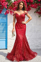 Load image into Gallery viewer, Off the Shoulder Burgundy Mermaid Corset Prom Dress with Sequins