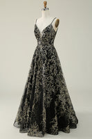 Load image into Gallery viewer, Spaghetti Straps Black A Line Glitter Prom Dress