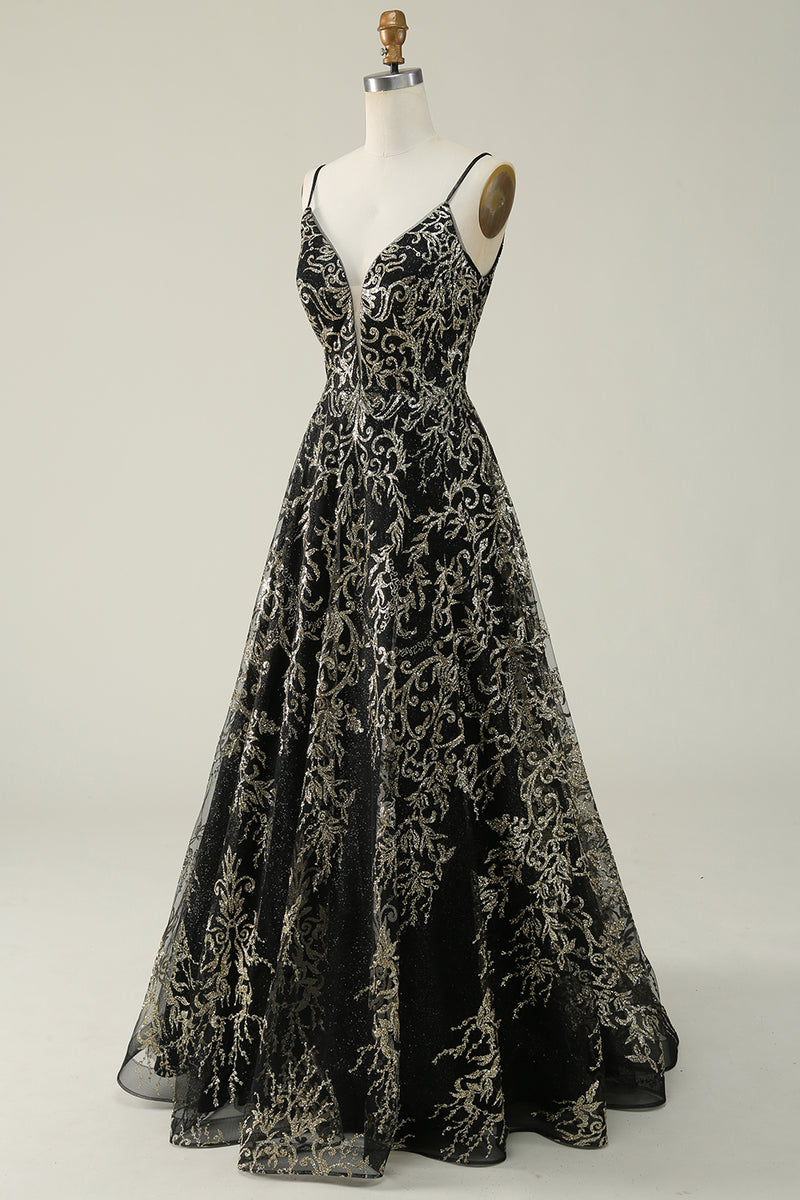 Load image into Gallery viewer, Spaghetti Straps Black A Line Glitter Prom Dress