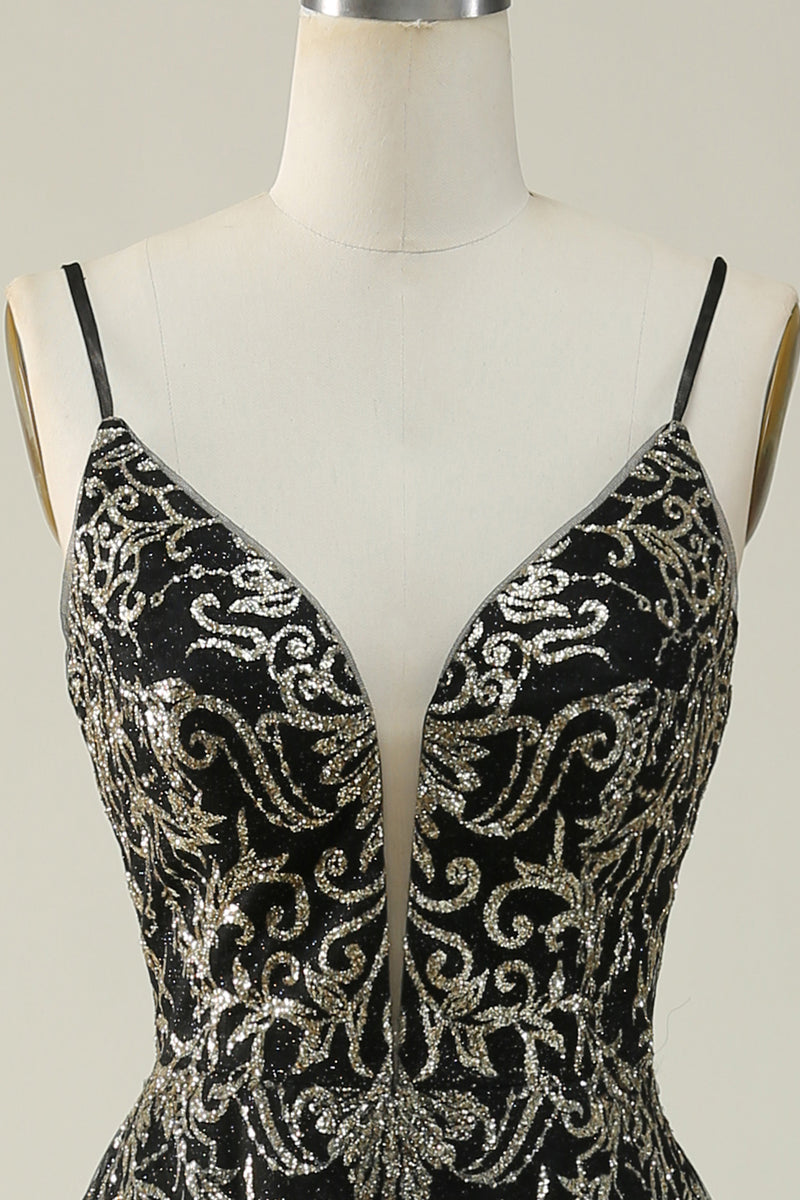 Load image into Gallery viewer, Spaghetti Straps Black A Line Glitter Prom Dress