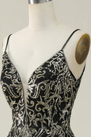 Load image into Gallery viewer, Spaghetti Straps Black A Line Glitter Prom Dress