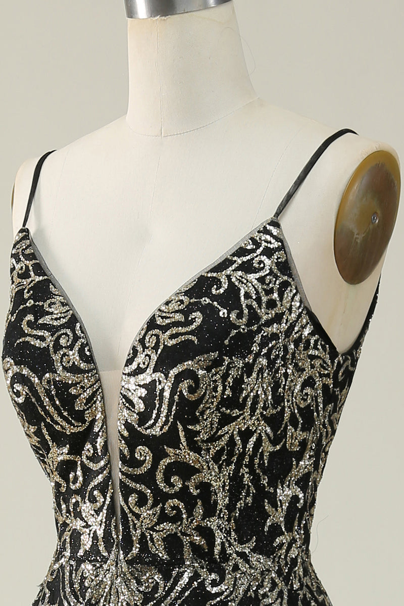 Load image into Gallery viewer, Spaghetti Straps Black A Line Glitter Prom Dress