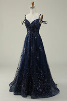 Load image into Gallery viewer, Off the Shoulder Navy A Line Glitter Prom Dress with Sequins