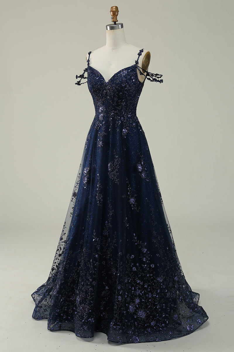 Load image into Gallery viewer, Off the Shoulder Navy A Line Glitter Prom Dress with Sequins
