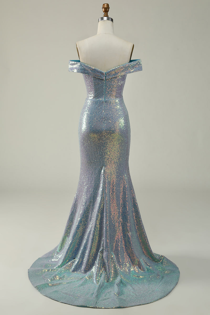 Load image into Gallery viewer, Off the Shoulder Blue Glitter Mermaid Prom Dress with Slit