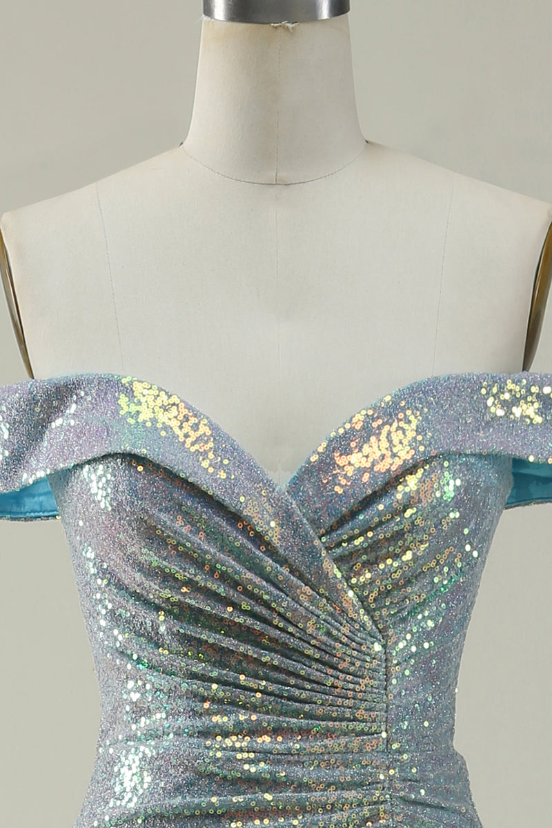 Load image into Gallery viewer, Off the Shoulder Blue Glitter Mermaid Prom Dress with Slit