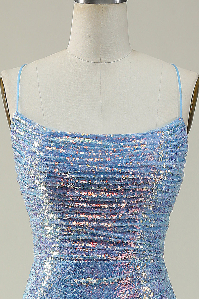 Load image into Gallery viewer, Blue Spaghetti Straps Glitter Mermaid Prom Dress with Slit