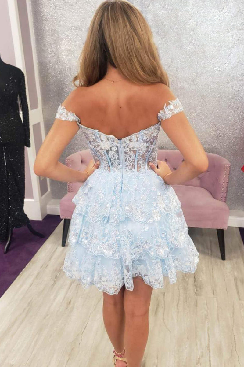 Load image into Gallery viewer, Sparkly Blue Corset Tiered Lace A-Line Short Graduation Dress