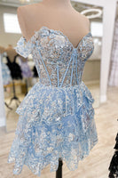 Load image into Gallery viewer, Sparkly Blue Corset Tiered Lace A-Line Short Graduation Dress