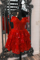 Load image into Gallery viewer, Sparkly Red Corset Tiered Lace A-Line Short Graduation Dress