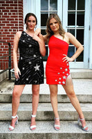 Load image into Gallery viewer, Sheath One Shoulder Black Sequins Short Homecoming Dress with Star