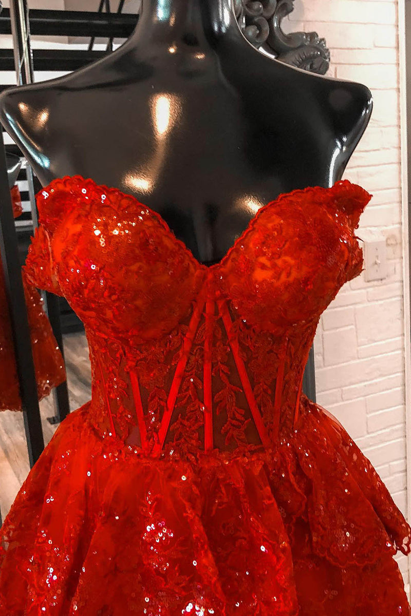 Load image into Gallery viewer, Sparkly Red Corset Tiered Lace A-Line Short Graduation Dress
