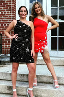 Load image into Gallery viewer, Sheath One Shoulder Black Sequins Short Homecoming Dress with Star