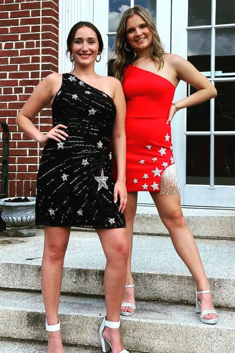 Load image into Gallery viewer, Sheath One Shoulder Black Sequins Short Homecoming Dress with Star