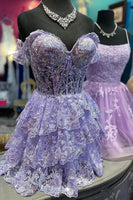 Load image into Gallery viewer, Sparkly Blue Corset Tiered Lace A-Line Short Graduation Dress