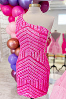 Load image into Gallery viewer, Hot Pink One Shoulder Sequins Tight Short Homecoming Dress